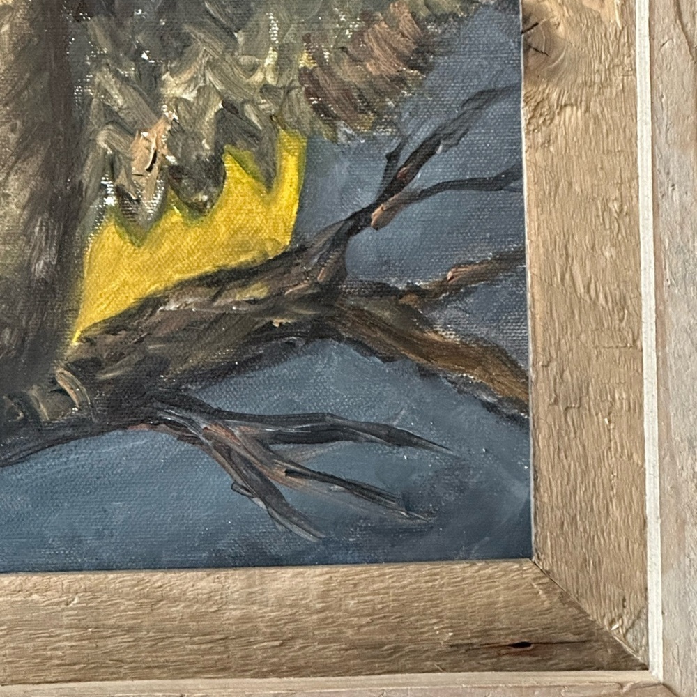 OIL PAINTING SIGNED Reclaimed Wood Framed Owl Painting With Yellow Moon Harvest - Picture 8 of 11